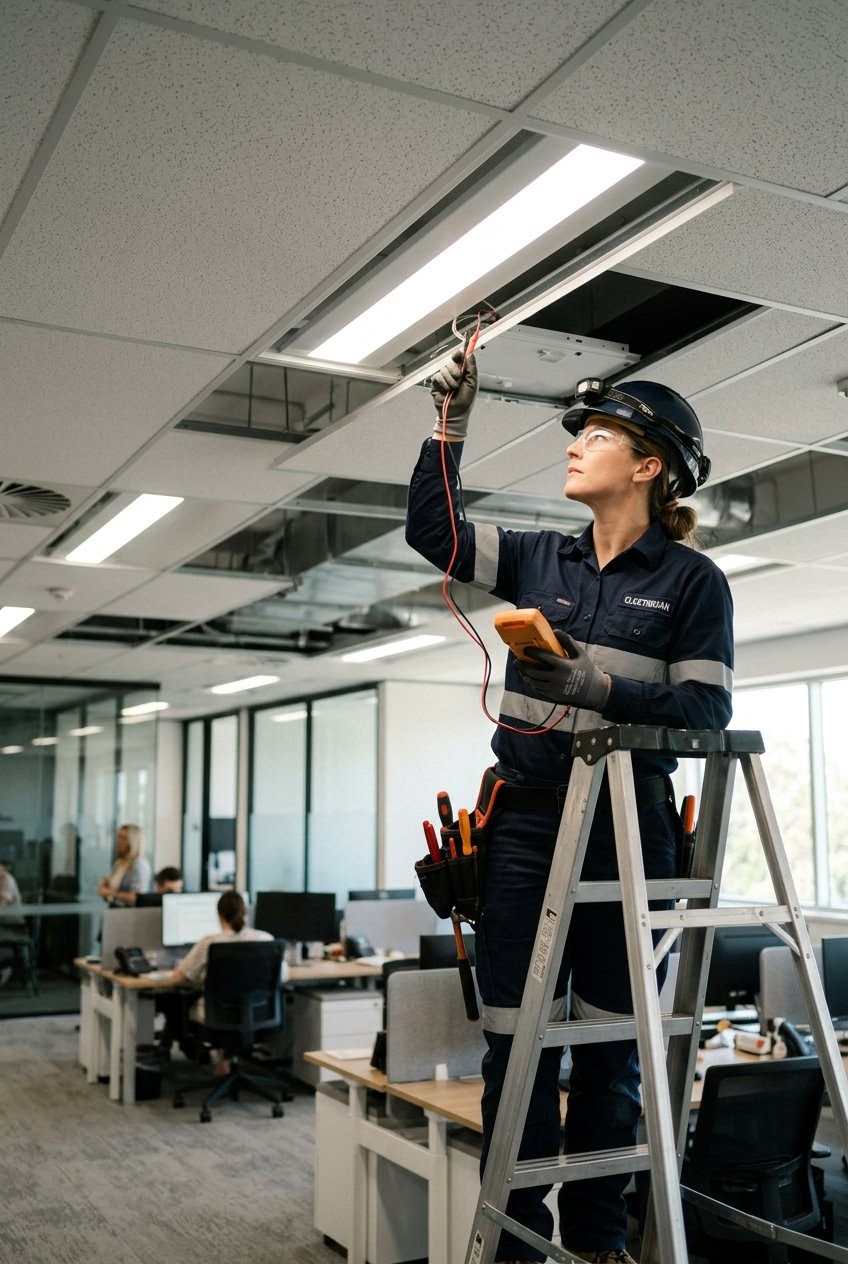 An electrician testing ceiling lights with a multimeter.